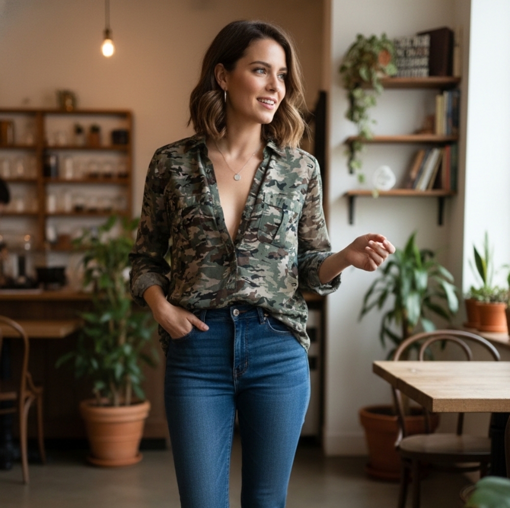 a.n.a Camouflage Button-Up Blouse